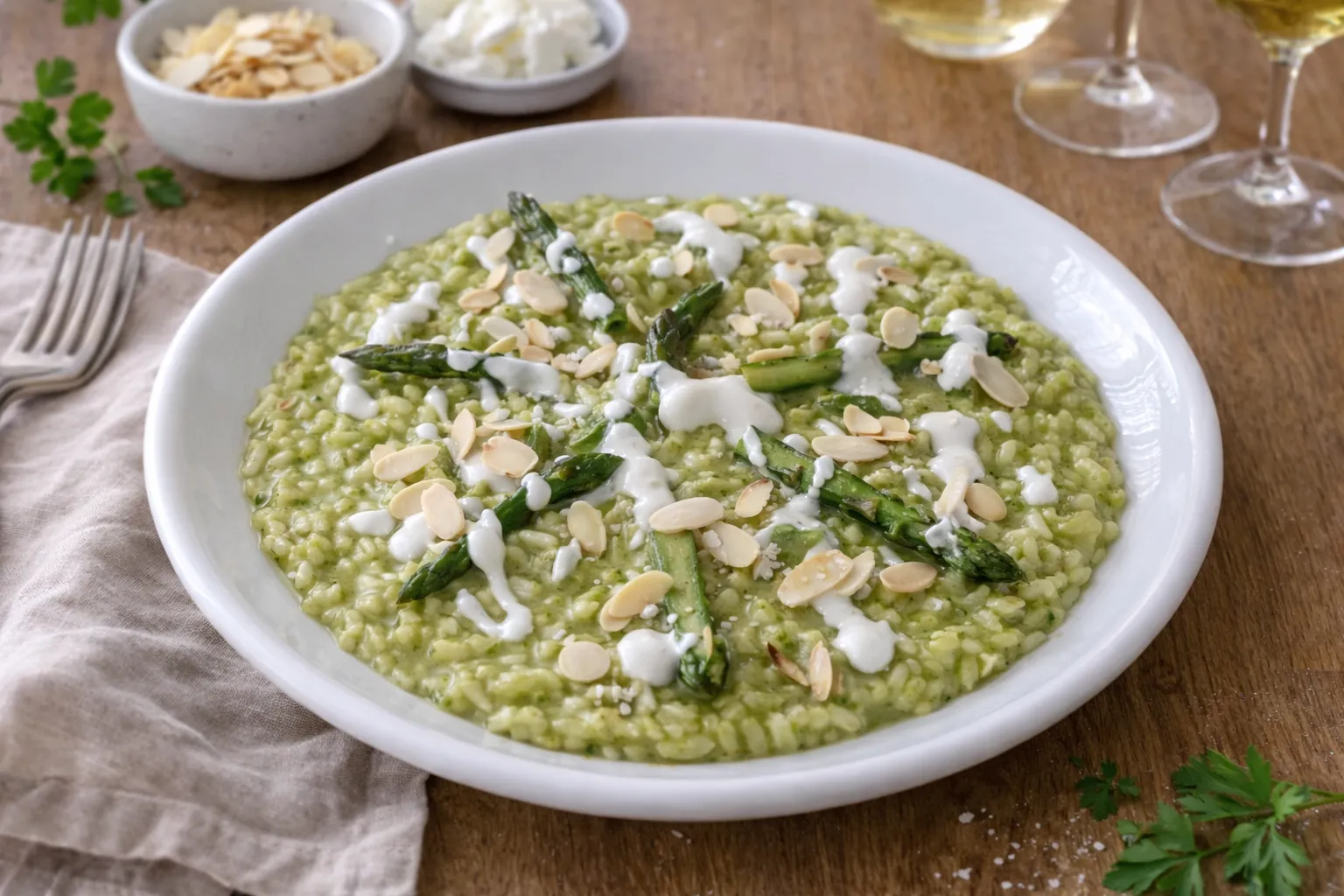 Risotto agli asparagi con salsa al caprino e mandorle tostate