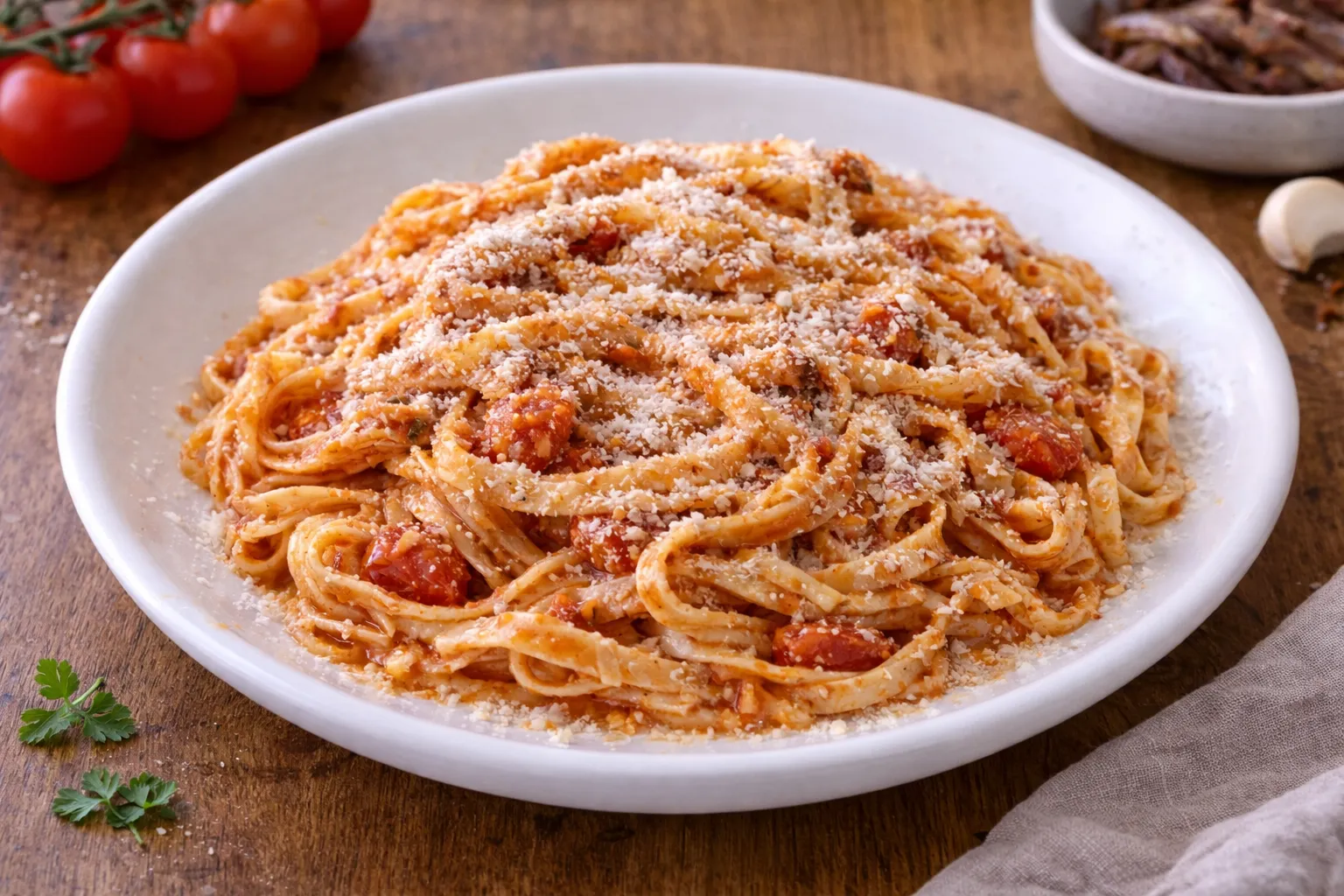 Tagliatelle con pomodorini sardi e acciughe