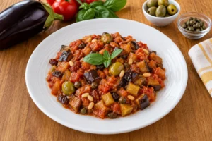 Caponata siciliana su tavola rustica