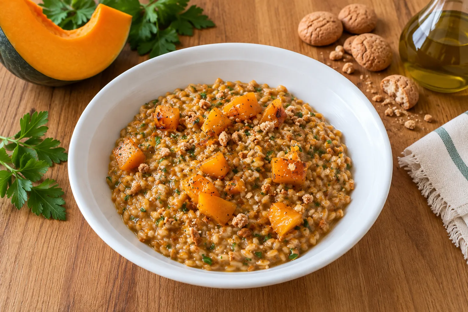Farro con zucca e amaretti: cremoso e irresistibile 1 Farro cremoso con zucca e amaretti