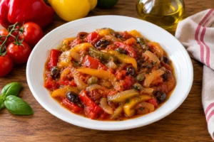 Peperonata rustica con olive e basilico