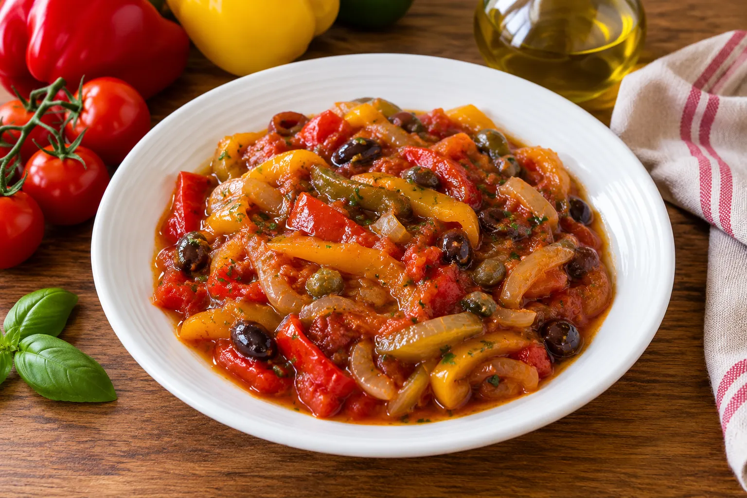 Peperonata 1 Peperonata rustica con olive e basilico