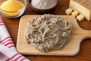 Polenta taragna rustica su tagliere di legno